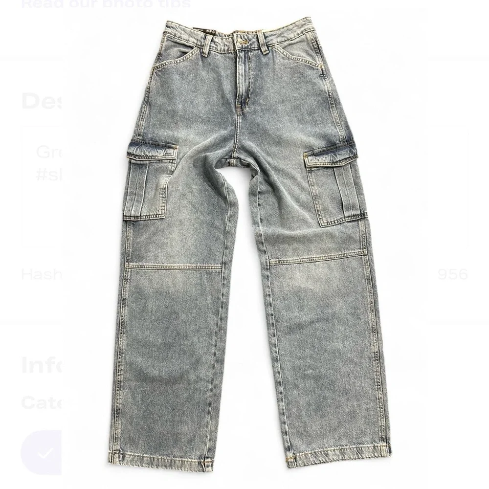 DIVIDED H&M Blue Cargo Baggy 90’s Jeans 6, High Waist W/Leg Pockets NWT